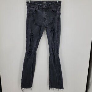 Rockstar Original Frayed Hem Distressed Grunge Punk Stacked Long Black Jeans‎ 32